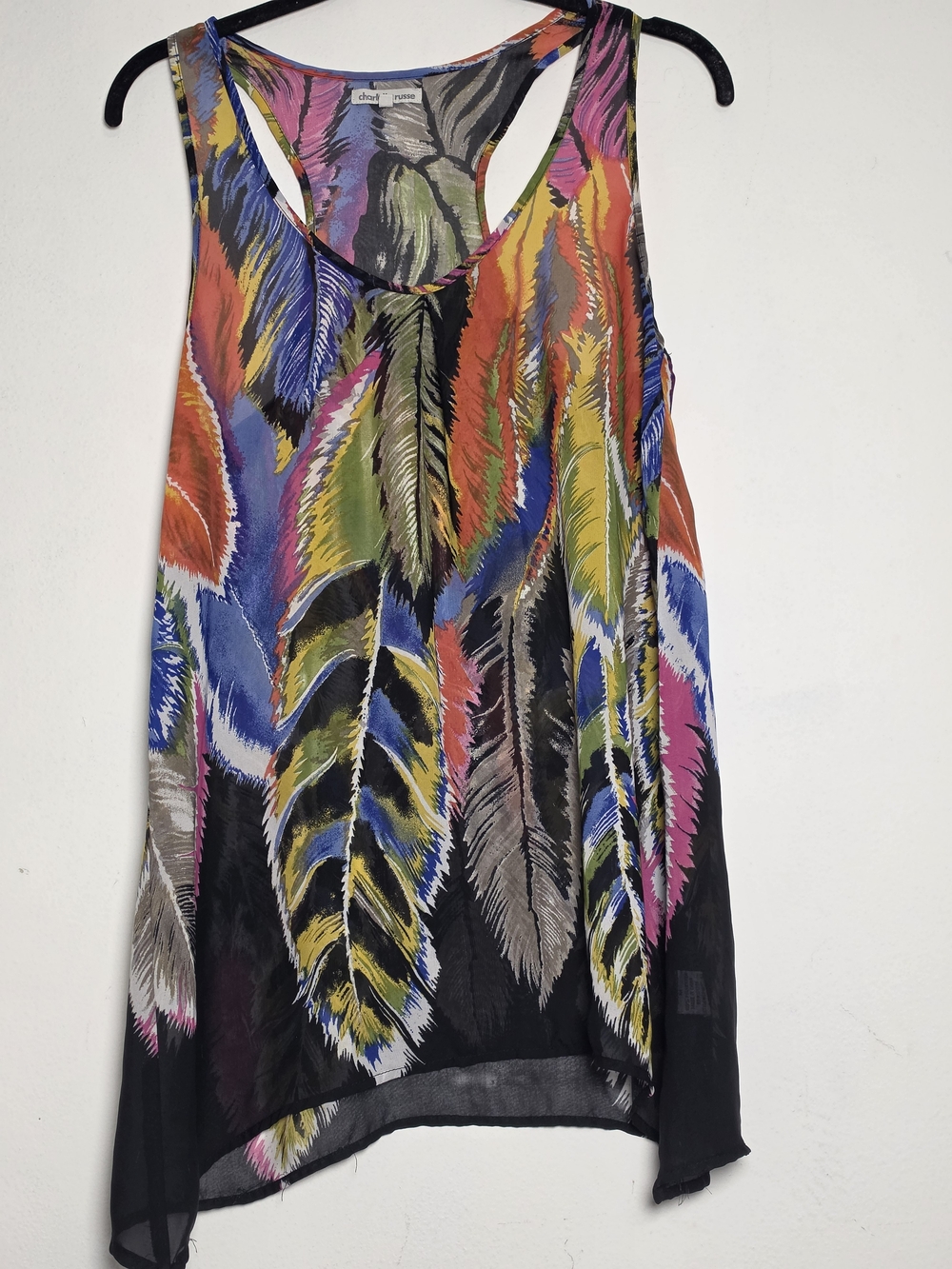 Y2K Charlotte Russe Black Racerback Tank with Multicolor Feather Print
